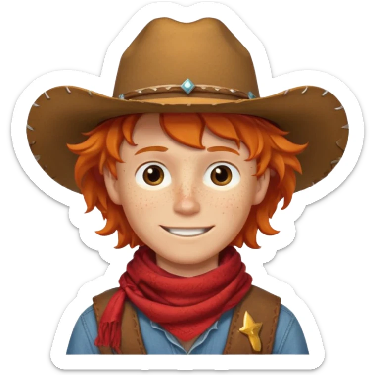 a wavy orange hair boy wearing a cowboy hat with a mischievous grin and freckles with western red scarf on his neck sticker