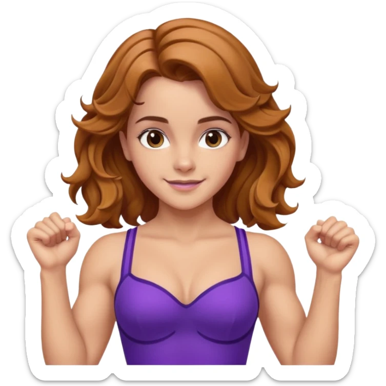 big biceps, muscled torso, very beautiful italian happy girl, looking like Emma Watson, with wavy bright hazelnut hair, dressed in a beautiful violet costume sticker