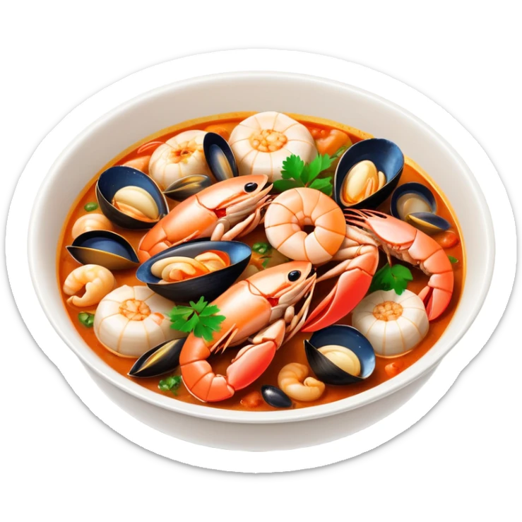 cinematic-realistic-buzara-seafood-dish-emoji,-depicted-as-a-rustic,-flavorful-seafood-stew-with-shellfish-rendered-with-rich-textures-and-dynamic,-maritime-lighting. sticker