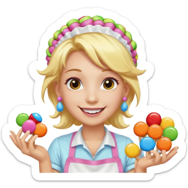 candy shop vendor, looking like candy with candy earrings and candy hair with big smile and blond hair sticker