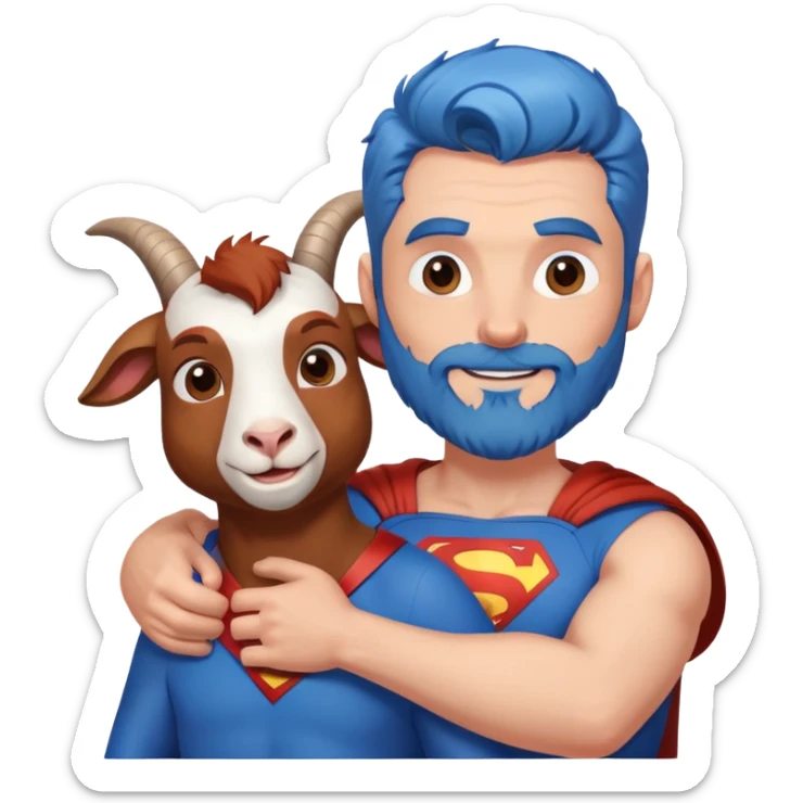 Adult Superman with redish brownish full beard with his arm around a blue hair happy goat sticker