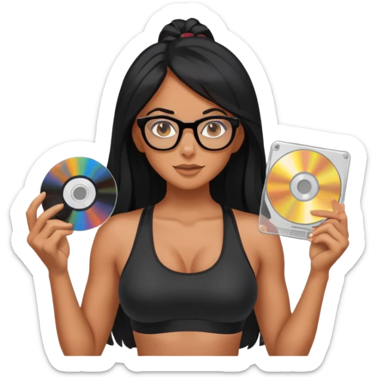 glasses, long black hair tanned woman, black sports bra, sexy, hot, data analysis, holding a cd   sticker