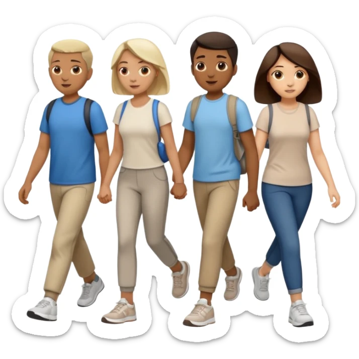 iOS emoji style - a men and 2 women in casual clothes and wearing trainers. Walking in the same direction quickly together. 
Not holding hands. 
 sticker