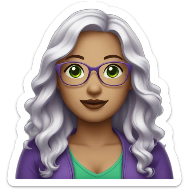 curvy-woman-white, purple-long-wavy-hair, green-eyes-square-glasses sticker