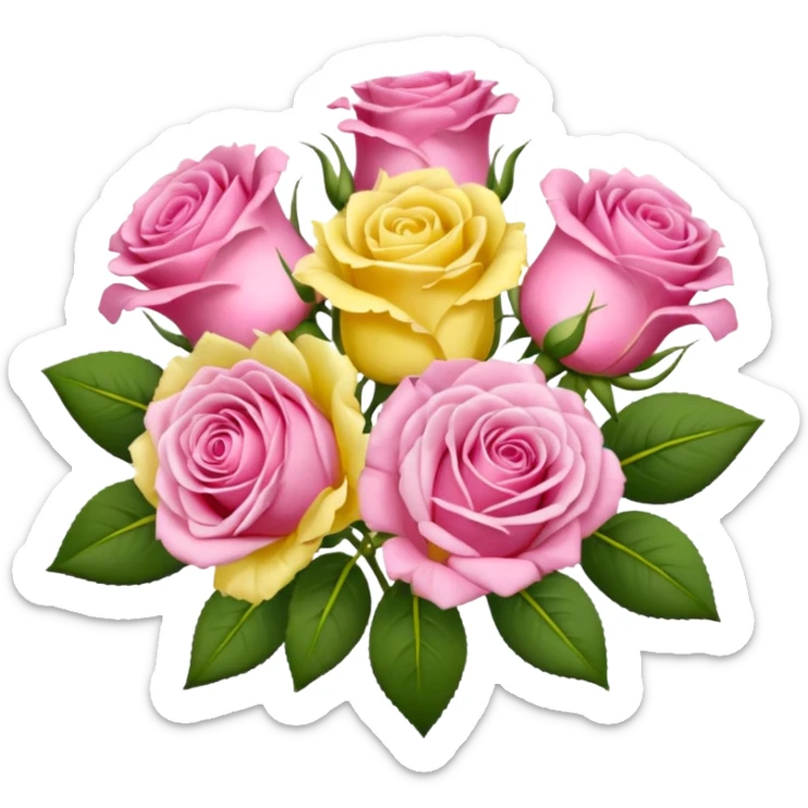 A mixed bouquet of four flowers, featuring pink roses and yellow lisianthus. sticker