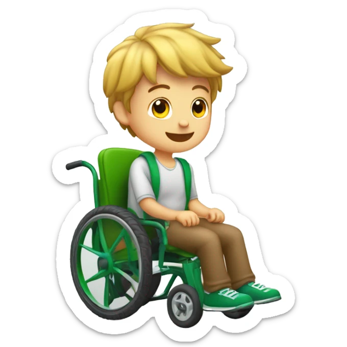niño en silla de ruedas, delgado, con pelo rubio, sacando la lengua, con los ojos grandes y verdes, cara muy delgada y alargada sticker