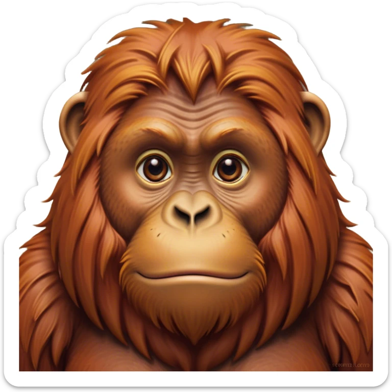 Cinematic Noble Orangutan Portrait Emoji, Poised and regal, with a robust, thoughtful build and deep, soulful eyes framed by rich, textured fur, Simplified yet sharp and sophisticated features, highly detailed, glowing with a soft, earthy glow, high shine, intelligent and contemplative, stylized with an air of ancient wisdom, focused and commanding, soft glowing outline, capturing the essence of a watchful and confident guardian that appears ready to step out of the screen with timeless authority! sticker