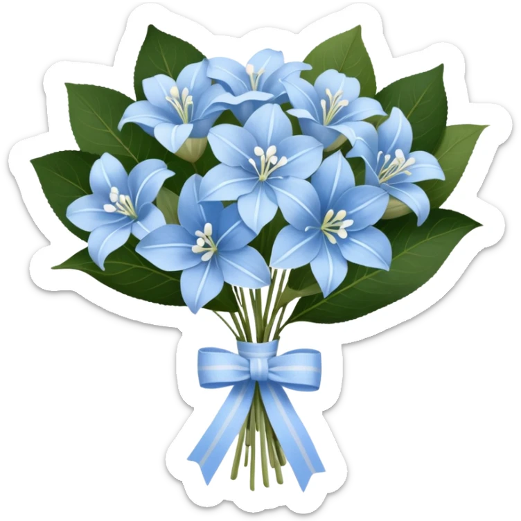 A wooden table adorned with a small bouquet of baby blue hydrangeas and creamy white lilies, wrapped in a softly frayed linen ribbon. A single blue butterfly, dusted with a hint of silver, rests lightly on the bouquet, as if drawn to its delicate fragrance. sticker
