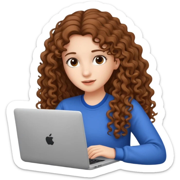 A girl with long curly hair is preparing for IELTS online with a laptop. sticker