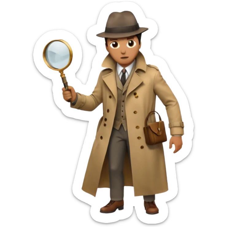 Icon for Detective Movie: A vintage movie poster-style design of a mysterious detective in a trench coat, holding a magnifying glass. Include dark alleyways, fog, and shadowy figures. The design should evoke a classic noir detective story with retro cinematic typography. Transparent background. sticker