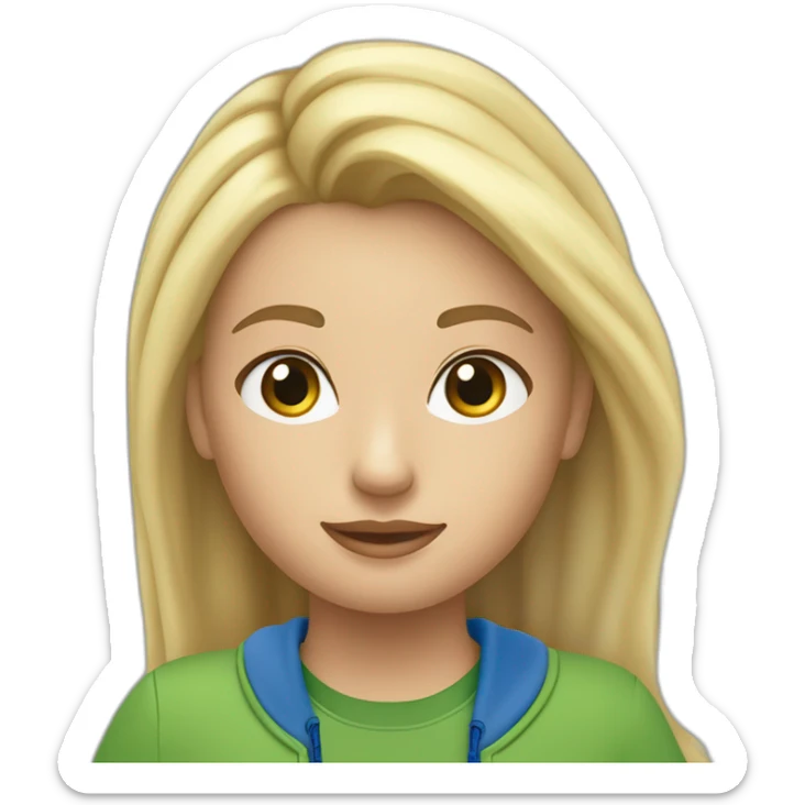 Een meisje met lang steil blond haar een groene trui en een blauwe cargo broek en witte nike sticker