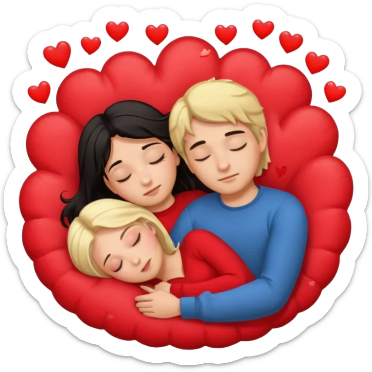 Sleeping romance couple. man has dark hair. woman is blonde. hearts around them. sticker