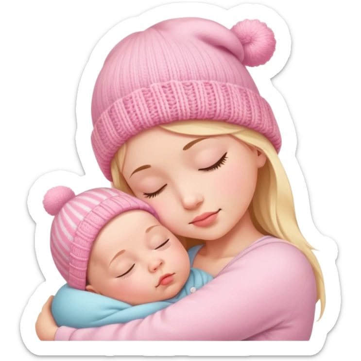 peaceful infant baby sleeping on mother's arm wearing cute pink knitted hat sticker