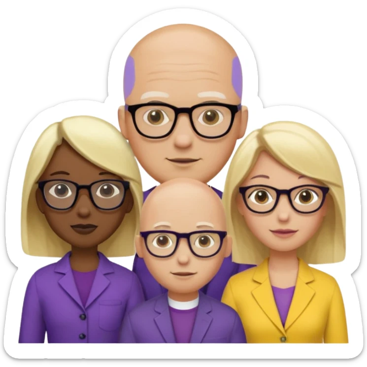5 person team; 2 men and 3 women.  All dressed in yellow or purple.  Women have blonde and ash blonde hair.  1 man is black and bald, 1 man is caucasian and very little hair left.  All have glasses sticker