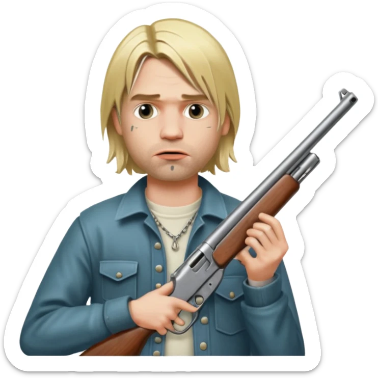 Kurt Cobain holds a double-barreled shotgun with the barrel in his mouth sticker