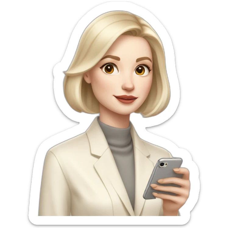 pale skin woman with ash blonde Straightened bob Hair, White Spacious classical jacket, beige palazzo Arrow pants and gray blouse holding white IPhone 15 pro in the hands sticker