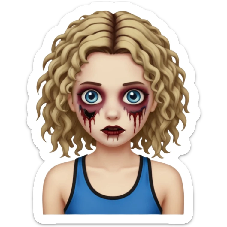 Crie um emoji de uma garota zumbi, como esta: "🧟‍♀️'. Porém invés da camiseta, uma regata fina e de cor preta, os cabelos loiros escuros na altura do ombro e picotado, liso na raiz e cacheado nas pontas, com mechas azuis nas mechas da frente e a parte de trás pintada de vermelho vinho sticker