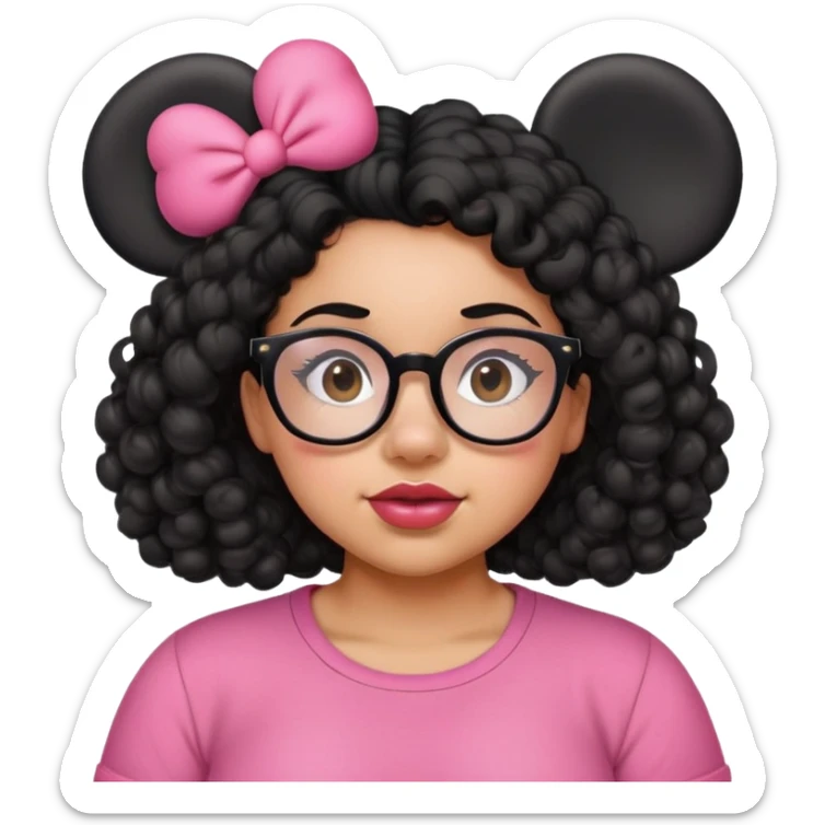 a somewhat tan 24 year old chunky girl with black curly hair, glasses, and wearing mickey mouse ears and pink shirt  sticker