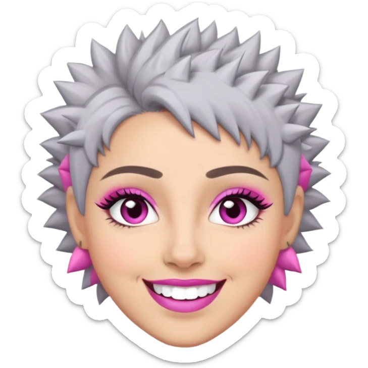 Close-up of Marian Pabón with defined facial structure, light skin with pink undertones, almond eyes with makeup, arched eyebrows, charismatic wide smile, and short spiky gray hair sticker
