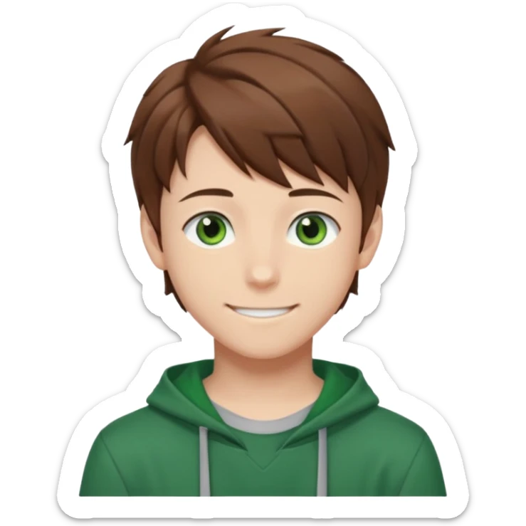 the face of an Anime teen boy with brown hair, green eyes, looking smiling slightly sideways positioned. Face must be main filling of the emoji.  128px sticker