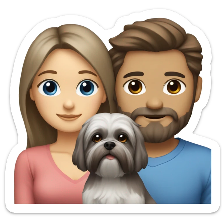 Couple with grey shih tzu dog: girl with blue eyes and boy with brown eyes and beard sticker