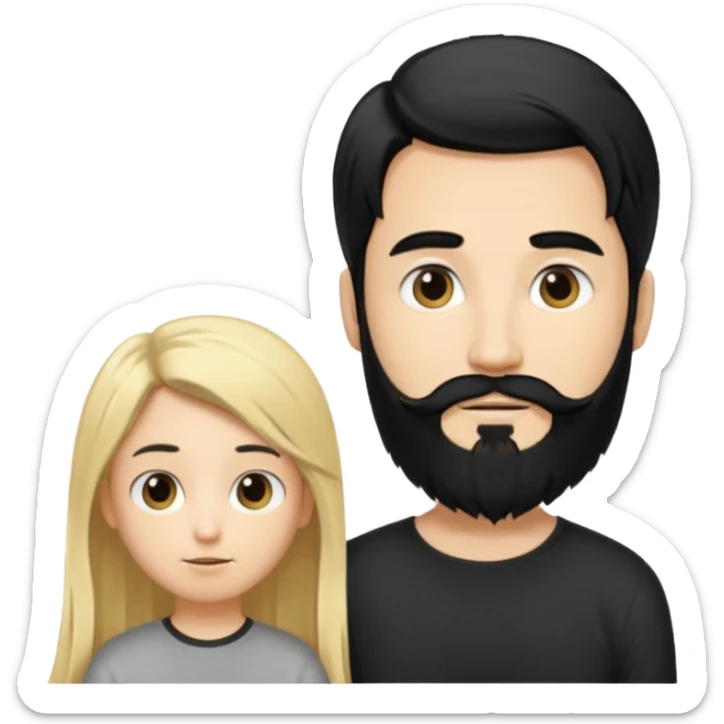 Man with long black hair tied in a tail and beard with a young blond short-haired without a beard sticker
