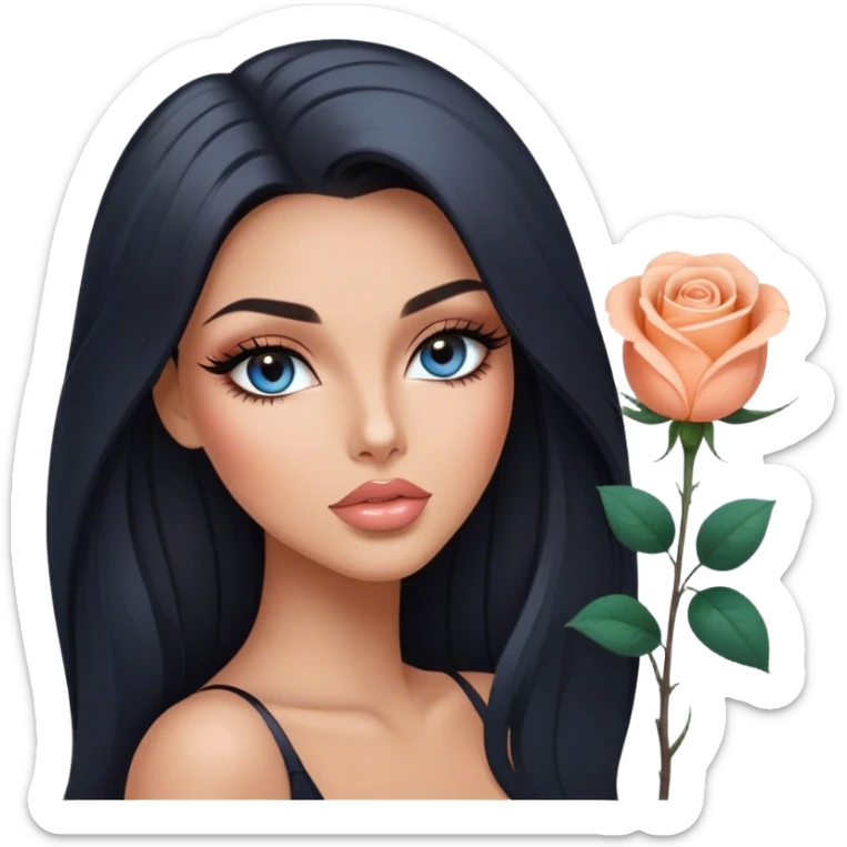Glamours, tanned, very beautiful girl, with big pump peach-beige-rose lips, long long lashes, black straight smooth silky long hair, straight parting hair, blue-grey eyes sticker
