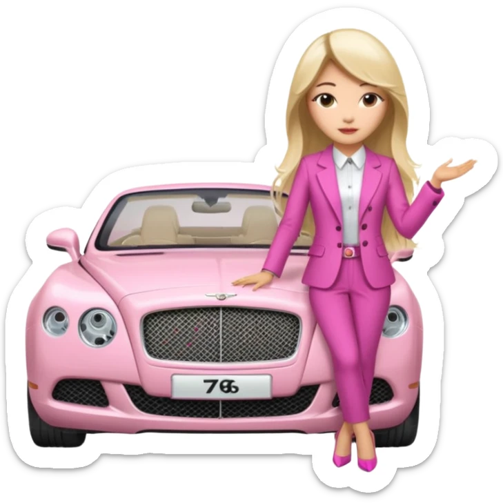 An Asian lady with long Balayage hair with blonde highlights, posing next to a pink Bentley  sticker