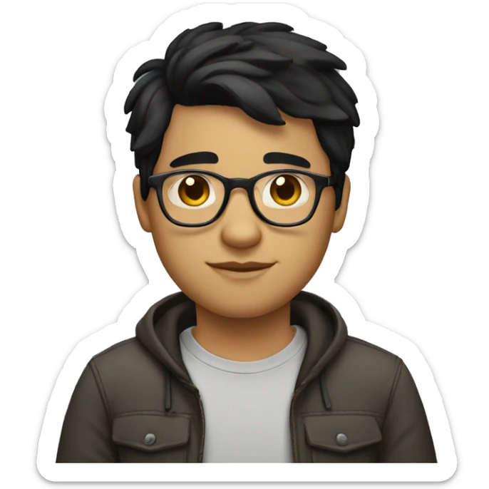 a young man with a fatter face, fair skin, straight black hair and glasses sticker