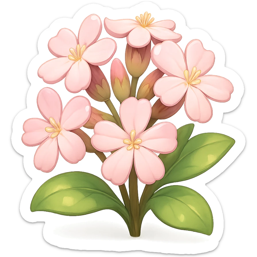3D iOS-style cartoon soapwort (Saponaria) flowers with exaggerated cute pale pink petals and big green leaves, playful proportions, soft lighting, glossy effect, no background, without a face or smile, in GPT Image style sticker