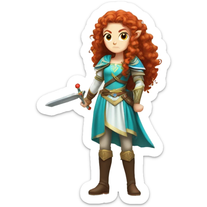 a white girl with long red curly hair and freckles, cosplaying Princess Zelda posing and ready for a fight sticker