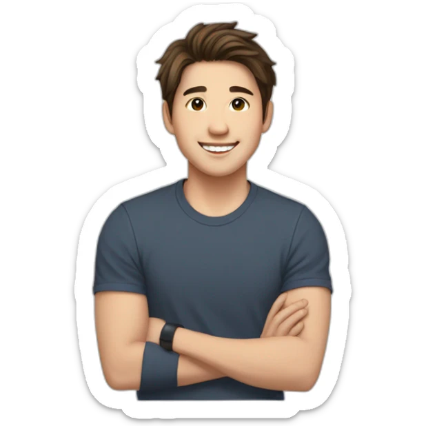 guy with brown hair, medium length hair, in his 20s, asian, smiling, t-shirt, shoulder sticker