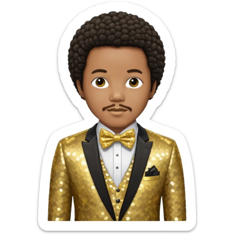 Quincy Jones with dark brown short afro hair, gold sequin suit with bow tie  sticker