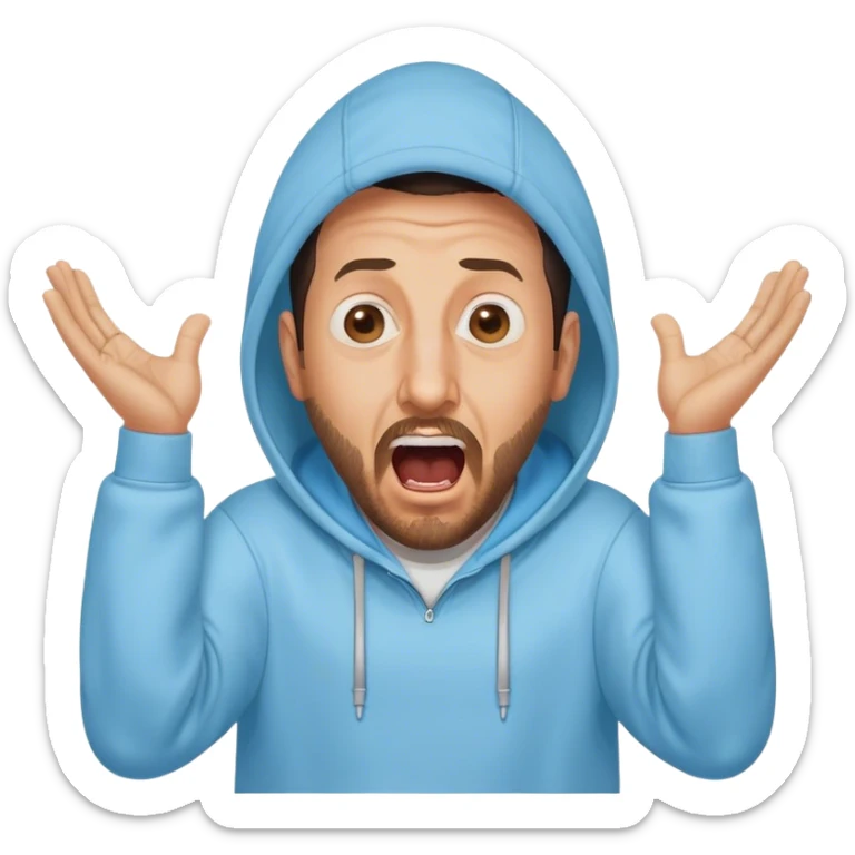 Adam Sandler with a beard in a baby blue hoodie, the hood on, screaming with the arms wide spread like ‘i don’t know’ sticker