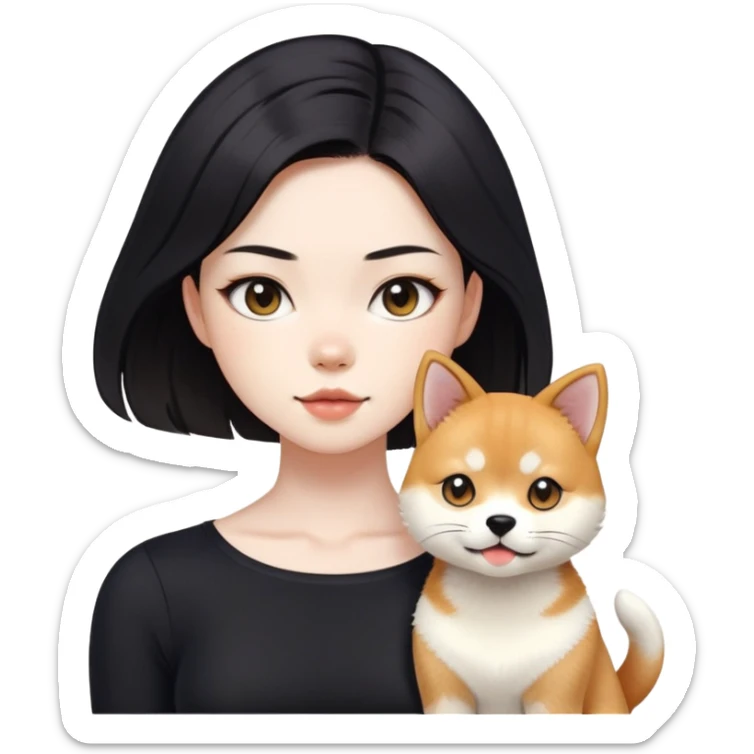 girl with black shoulder-length hair wearing a black tight-fitting top with a calico cat with white mouth and a shiba inu dog sticker