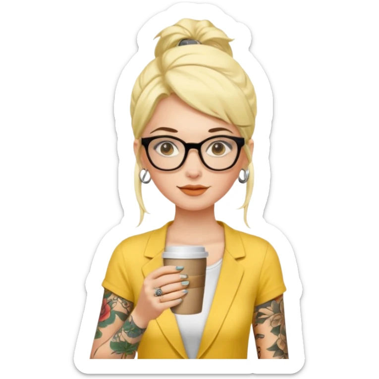 gözlük takan, dövmeli ve elinde kahve tutan, yaz kıyafetli bir kadın. kıyafeti sarı olsun sticker
