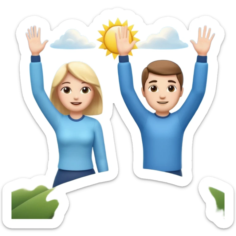A 3D cartoon couple on top of a hill raising hands in victory, sunny sky and nature background, Memoji-style. sticker