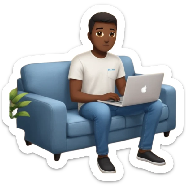 Père noël développeur de teint noir, assis dans un coin cosy de son salon un week-end, ordinateur portable ouvert affichant du code. Lumière naturelle douce, ambiance calme. Habillé simplement (t-shirt clair, jean ou short), tasse de café/thé à côté. sticker