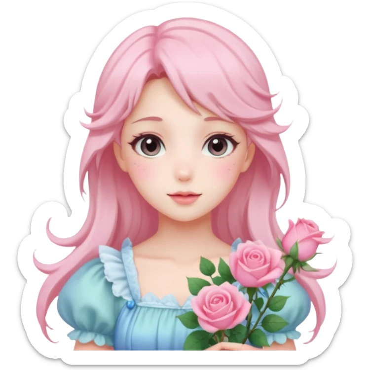 gorgeous pastel anime style lady with blushing face and roses cottagecore fairy sticker