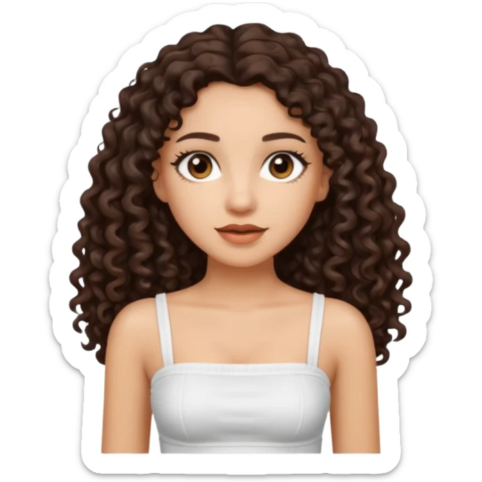 Woman with light skin and dark brown eyes and dark brown long curly hair and white tube top sticker