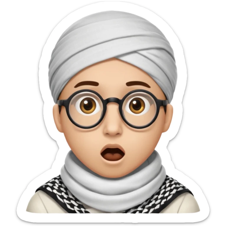 A person with light skin tone, wearing a traditional white keffiyeh with a black agal, large brown eyes, round glasses, and an open mouth showing a surprised or shocked expression. sticker