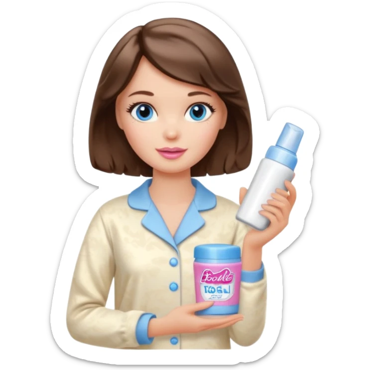 Barbie girl with makeup, blue eyes , and bob long haircut wavy, short brown hair in creamy color pajamas, face cream in hand sticker