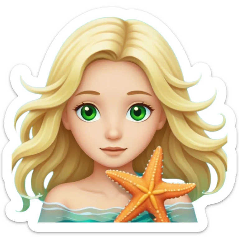 Long hair blonde girl with green eyes in the ocean with star fish sticker