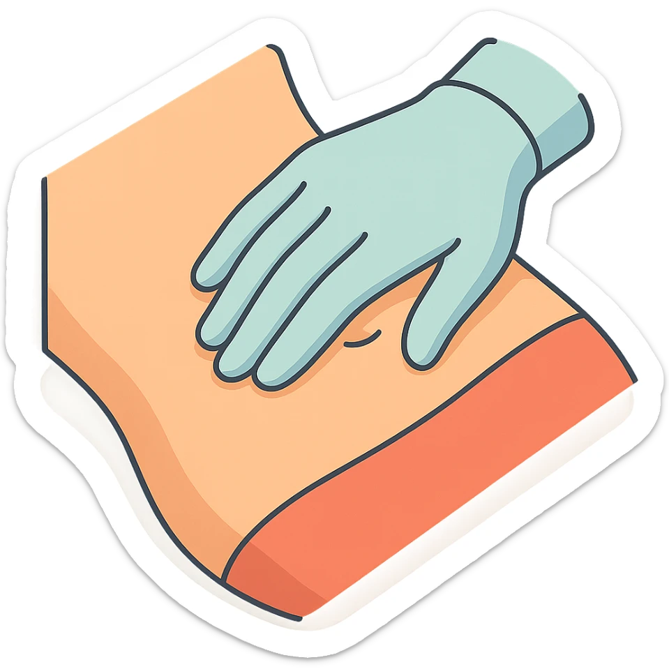 top view close-up of human abdomen, a doctor's hand palpating, hand wearing glove, hand coming from opposite side, fingers gently pressing, 2D isometric style, very detailed, soft rounded shapes, clean contours, pastel palette, refined shadows and highlights, modern illustration, transparent background sticker