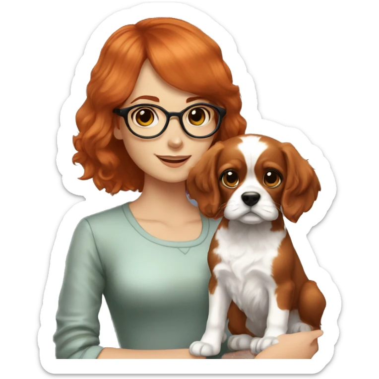 red-haired girl with bangs and short hair and black glasses presenting a Blenheim Cavalier puppy sticker