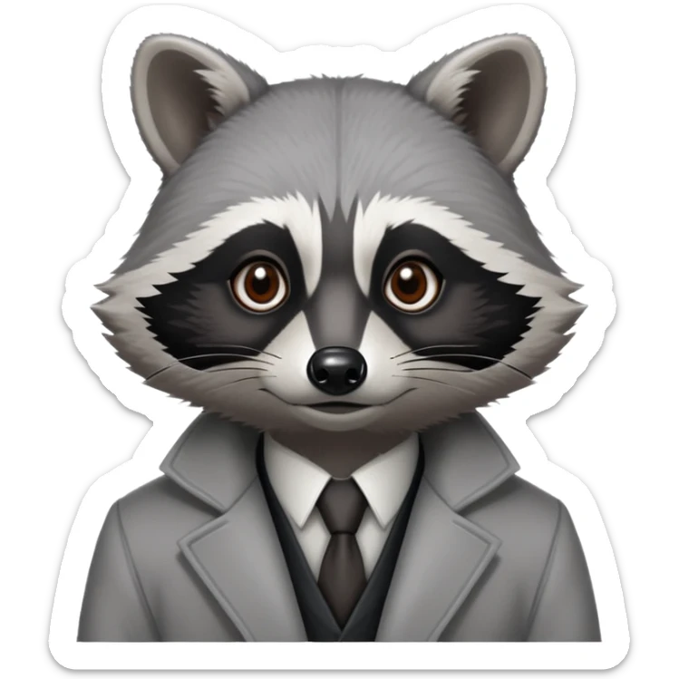 Cinematic-Noble-Raccoon-Portrait-Emoji – Poised and confident, with a sturdy build and a beautifully textured coat of silver-grey accented by dark black facial markings, deep-set, intelligent brown eyes, simplified yet sharp and sophisticated. sticker