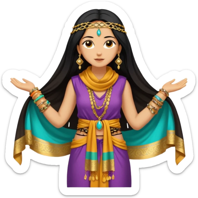 Mujer joven, morena, 
Negro, largo y brillante, suele ir cubierto parcialmente por un velo o pañuelo oriental.inspiración árabe: túnica colorida , con detalles dorados o lentejuelas; brazaletes y pendientes.cuerpo entero sticker