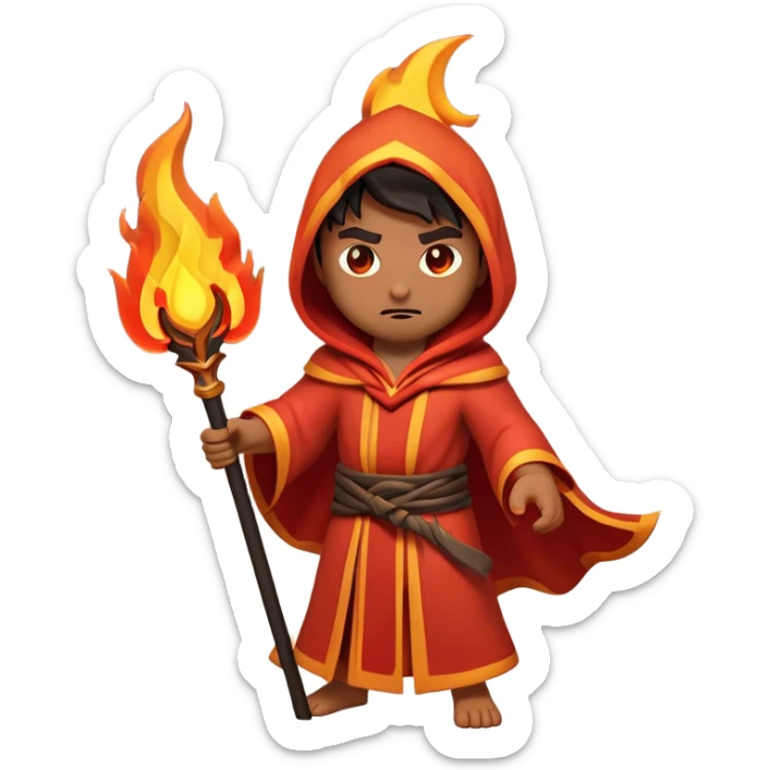 Clash of Clans aesthetic: Cinematic Ferocious Fire Mage Hero Emoji, rendered in a 3D vector-style similar to standard emojis with minimal shading and bold, simplified shapes. A compact, isometric figure draped in flowing, charred and ember-lined robes, wielding a fiery staff crackling with intense flames. Eyes burning with an infernal glow, exuding raw, untamed power. Simplified yet unmistakably iconic, highly detailed and consistent, glowing with a fiery, molten radiance and high shine. Stylized with a touch of menacing sorcery and a searing, ember-infused outline, capturing the essence of a wrathful mage ready to unleash devastating fire magic! sticker