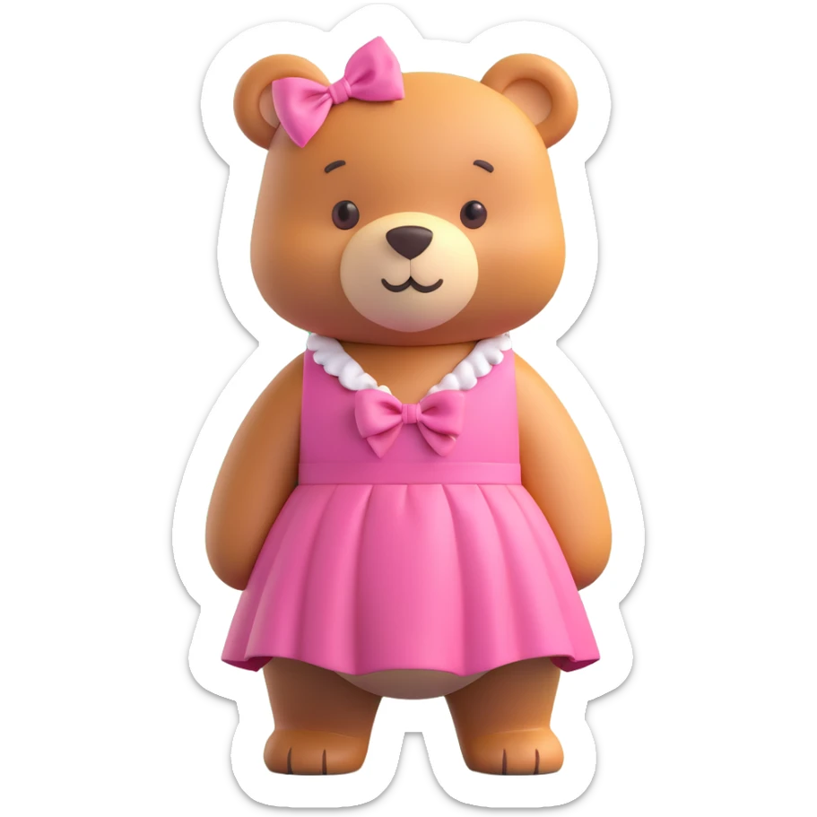 cute bear in a pink dress with bows, standing in front of a tall ornate mirror in a pastel room, 3D iOS emoji style, rounded, bright colors, playful and soft look sticker