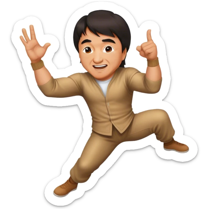 Cinematic Realistic Jackie Chan Pop Culture Emoji, depicted with playful agility and charismatic charm rendered with lifelike textures and vibrant, action‚Äêpacked lighting. sticker